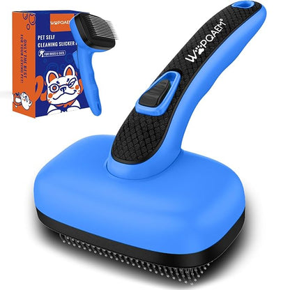 Self Cleaning Slicker Brush for Dog, Cat, Skin Friendly Shedding & Grooming Tool for Long and Short Haired Pets, Easy Clean Retractable Bristles, Blue