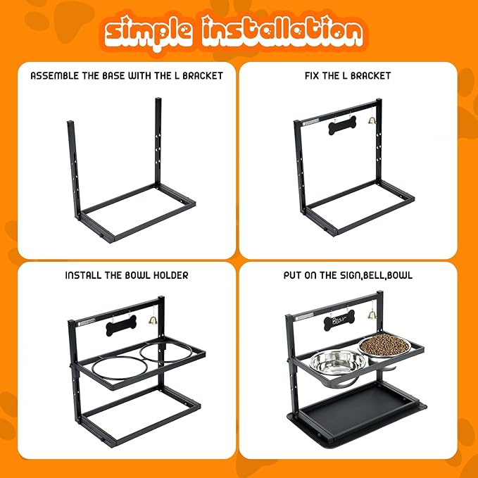 SHAINFUN Elevated/Raised Dog Bowls Stand Adjusable Height with Two 1.7L Stainless Steel Food Bowls and Spill Proof Mat, for Large and Medium Dogs.