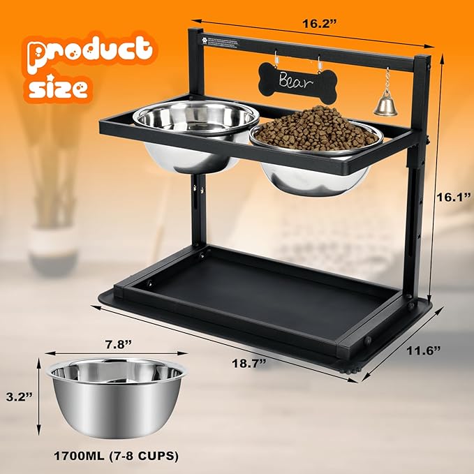 SHAINFUN Elevated/Raised Dog Bowls Stand Adjusable Height with Two 1.7L Stainless Steel Food Bowls and Spill Proof Mat, for Large and Medium Dogs.