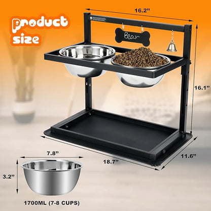 SHAINFUN Elevated/Raised Dog Bowls Stand Adjusable Height with Two 1.7L Stainless Steel Food Bowls and Spill Proof Mat, for Large and Medium Dogs.