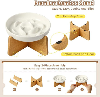 Elevated Slow Feeder Cat Bowl - Ceramic Cat Food Dish with Anti-Slip Bamboo Stand - Whisker Friendly Feeding Bowl - Raised Maze Plate for Slow Down Eating - Pale Blue