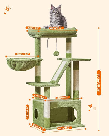 Taoqimiao Cat Tree,38.5-Inch Cat Tower for Indoor Cats,Suitable for Kittens with Luxurious cat condo with Adjustable Baskets and Luxurious Perch MS029SGR Green