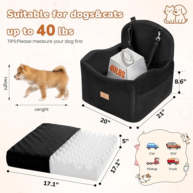 Dog Car Seat for Medium/Small Dogs, Dog Booster Car Seat, Pet Booster Seats Up to 40lbs with Waterproof Layer, 3 Storage Pockets and Safety Belt (Black)