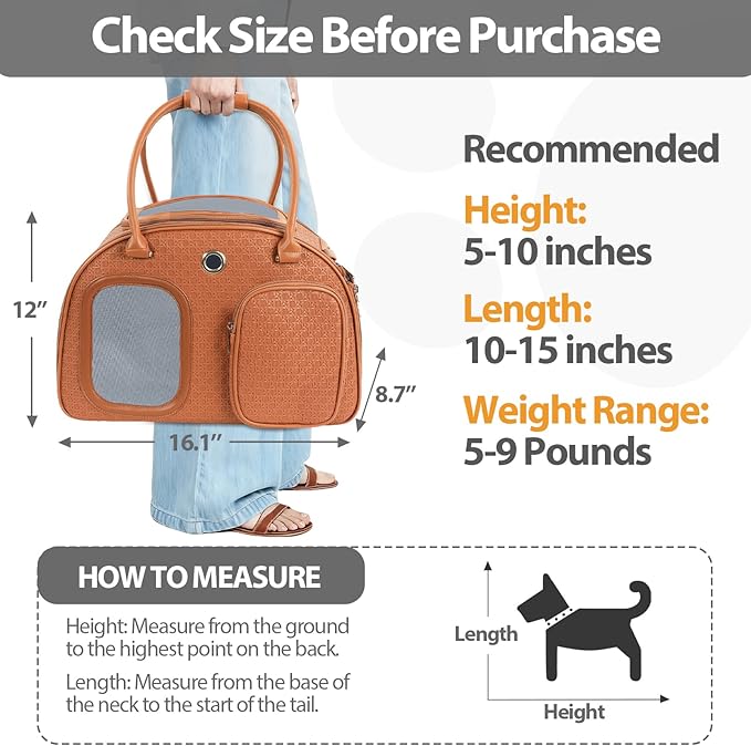 Dog Purse Carrier for Small Dogs, Airline Approved Pet Carrier Purse with Mesh Windows, Soft-Sided Travel Bag for 5–9 lbs Puppy & Cats, Lightweight Tote for Travel & Daily Outings