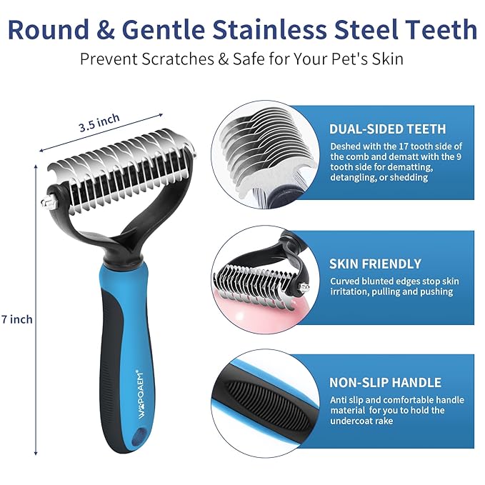 Dog Brush Grooming Kit 5 PCS - Self Cleaning Slicker Brush for Shedding Short Long Haired Dogs & Cats, Includes Pet Comb, Flea Comb, Bath Brush, Undercoat Rake - Complete Fur Care Set - Blue