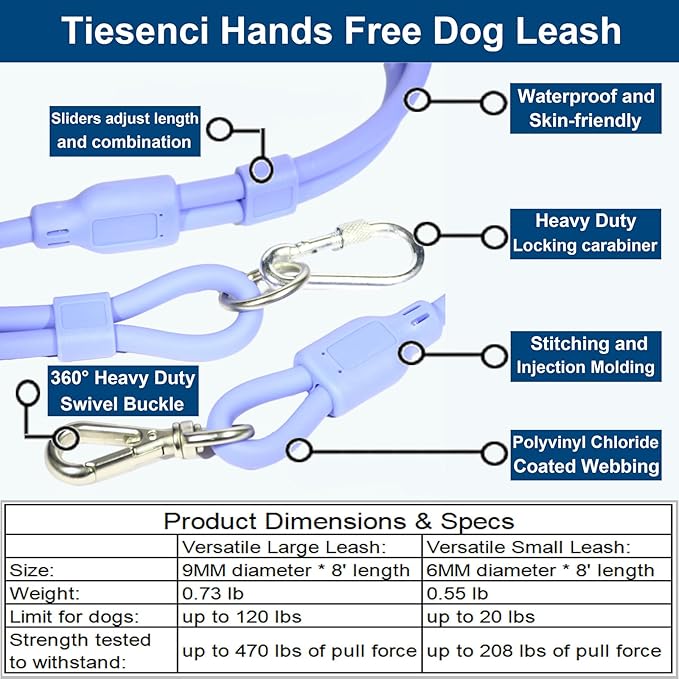 Hands Free Dog Leash Crossbody & Waist for Walking, 9-in-1 No Pull Dog Harness & Leash Set, Heavy Duty Waterproof Slip Lead for Large Medium Breeds (20-120lbs, Black)