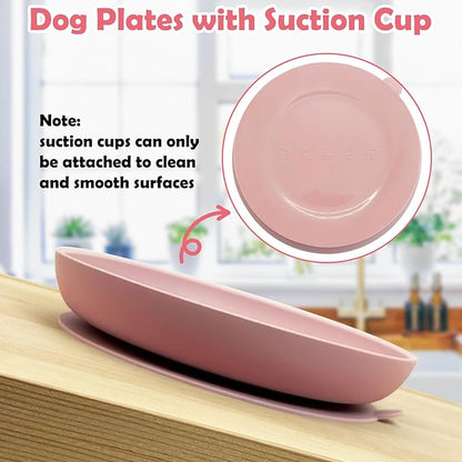 Silicone Dog Bowl Set of 2 No Spill Puppy Food & Water Dish Less Mess Cat Dry Food Plates with Suction Cup Non-Tippable Feeding Wet Food Bowls for Small & Medium-Sized Pets (Round Pink)