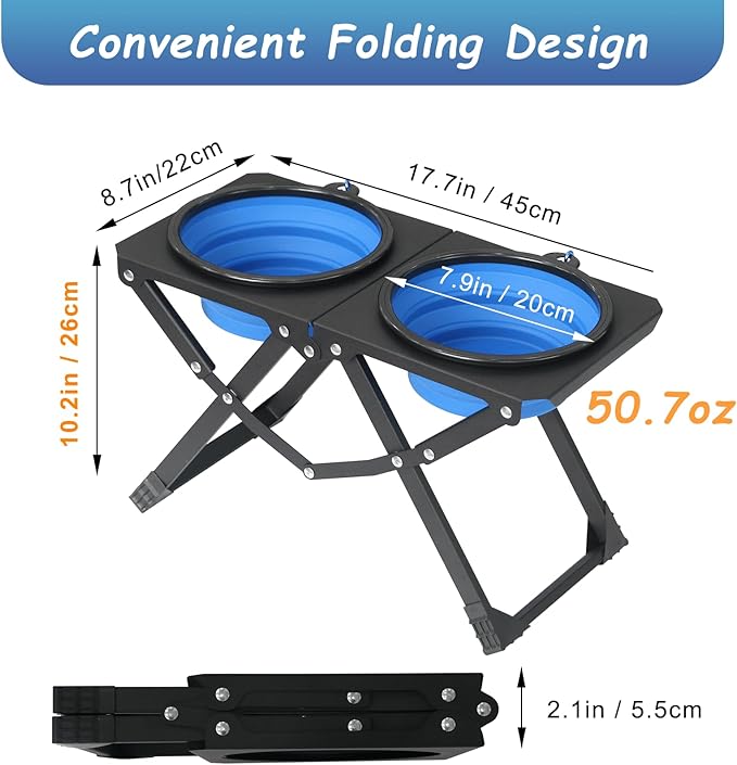 Adjustable Height Foldable Elevated Dog Bowls with 2 Stainless Steel Bowls, Non-Slip Raised Pet Feeding Station for Medium & Large Dogs