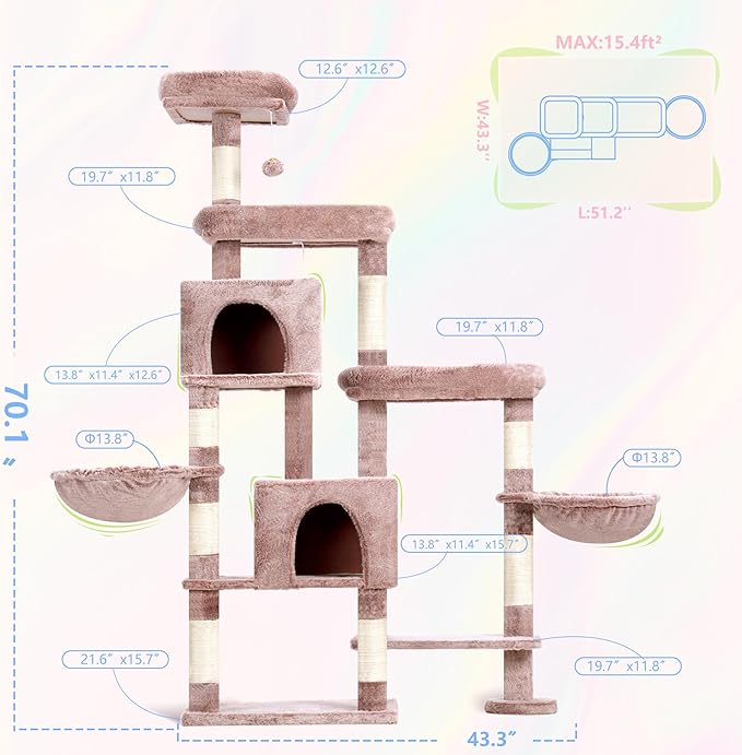 Hey-brother Cat Tree Tower, Scratching Posts with a Extended Part, Wide Platforms, Cozy Condos, Hammocks, Sisal Columns and Ball for Indoor Cats, 70.1 Inches, Muchroom MPJ038MU