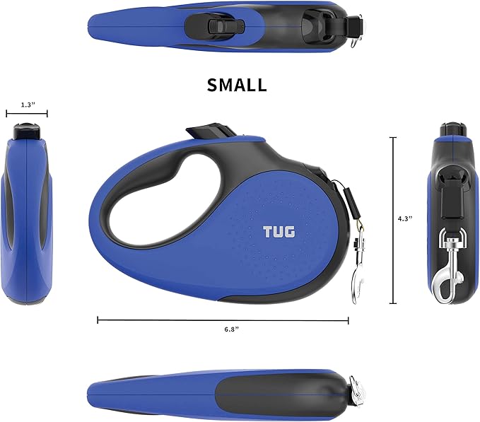 TUG 360° Tangle-Free Retractable Dog Leash with Waste Bag Dispenser (Small, Blue)