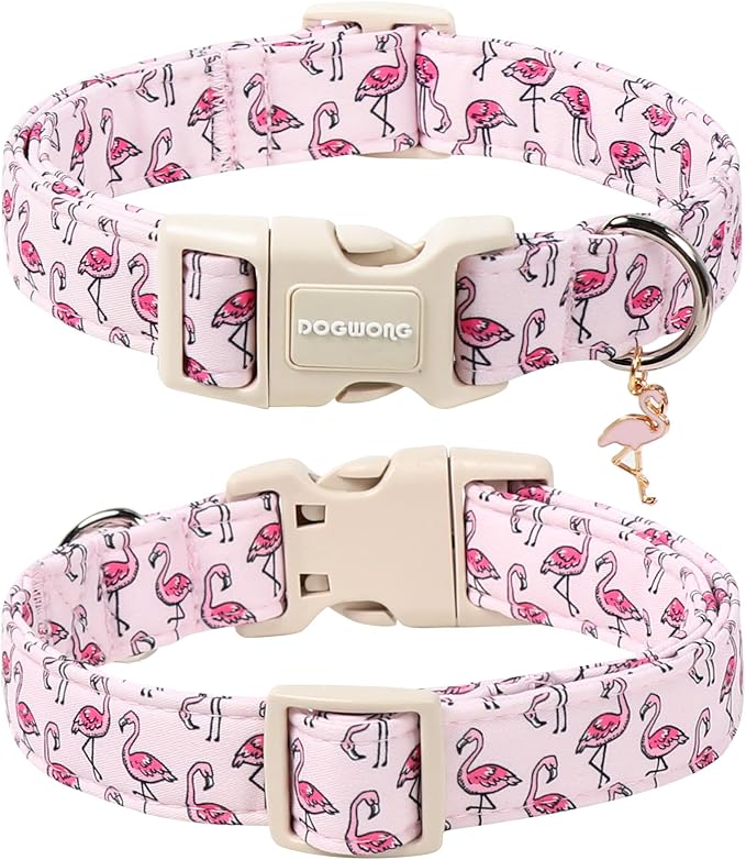DOGWONG Cute Pet Dog Collar Pink Flamingos Cotton Dog Collar- Soft Girl Puppy Adjustable Pet Collars for Small Medium Large Dogs,XS