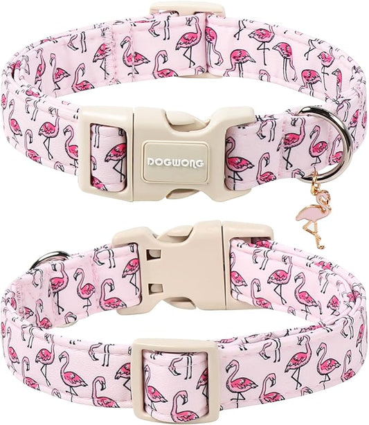 DOGWONG Cute Pet Dog Collar Pink Flamingos Cotton Dog Collar- Soft Girl Puppy Adjustable Pet Collars for Small Medium Large Dogs,XS