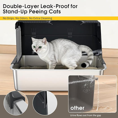 Large Stainless Steel Cat Litter Box with Lid - Odor-Resistant & Enclosed Design, Anti-Leakage & Non-Sticky Surface for Easy Cleaning (Gray)