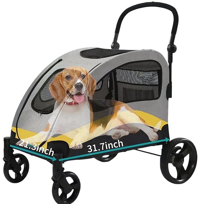 XL Extra Large Dog Stroller, All-Terrain 4 Wheel for 2 Medium Dogs, One-Click Foldable, Adjustable Handles, Dual Entry Safety Dog Stroller, Capacity 88lbs (Gray)