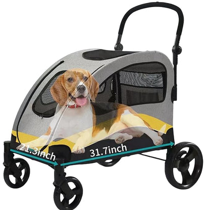 XL Extra Large Dog Stroller, All-Terrain 4 Wheel for 2 Medium Dogs, One-Click Foldable, Adjustable Handles, Dual Entry Safety Dog Stroller, Capacity 88lbs (Gray)
