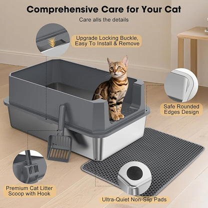 FURTIME Stainless Steel Litter Box with Lid, Large Metal Cat Litter Box for Big Cat, Large Cat Box High Sided with Non-Stick, Odor-Resistant, Anti-Urine Leakage, Easy Cleaning, Includes Scoop and Mat