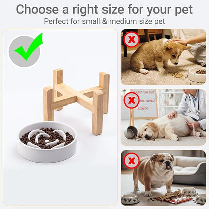 Ceramic Slow Feeder/Dog Bowl for Small Medium Dogs,Elevated/Raised Slow Feeding Dog Food Water Dish Heavy Weighted,Puzzle Eating Bowl Modern Maze (White, 8.26in)