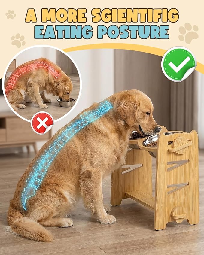 Elevated Dog Bowls, Adjustable Raised Dog Bowl Stand for Medium Size Dogs, 15°Tilted Elevated Dog Bowls, Durable Bamboo Dogs Feeder with 2 Stainless Steel Bowls and Non-Slip Feet