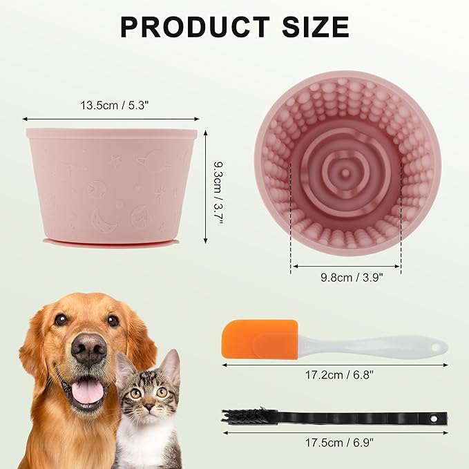 Slow Feeder Dog Bowls, Silicone Dog Lick Bowl with Brush & Scraper, Non-Slip Base Slow Feeder for Anxiety Alleviating & Oral Health, Pinkish Purple