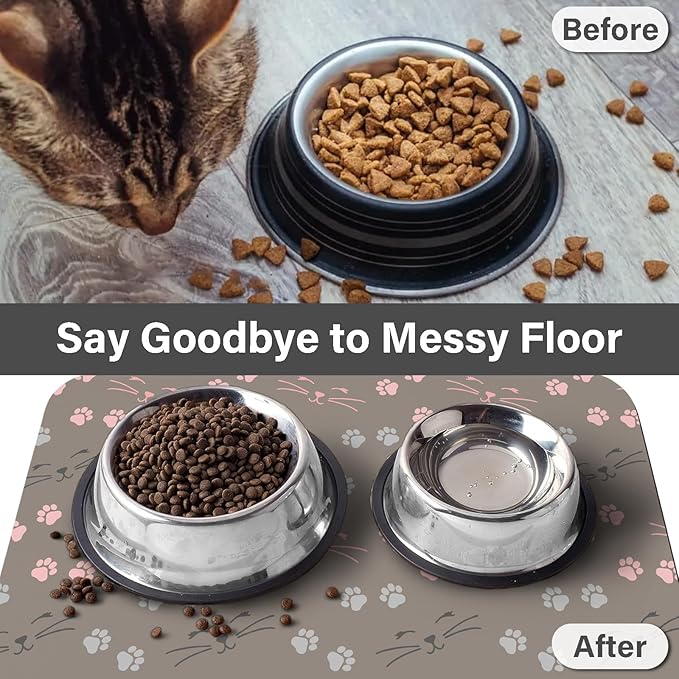 Patterned Cat & Dog Bowl Mat for Food and Water, 12"×20" Quick Dry Absorbent Pet Feeding Mat, Eco-Friendly Dog Placemat