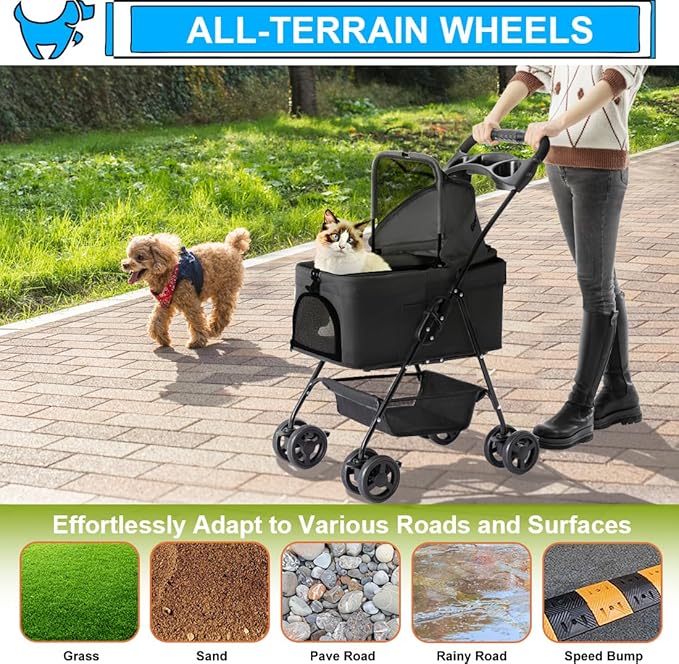 3-in-1 Pet Stroller for Small Dogs and Cats, Folding Lightweight Dog Stroller with Detachable Carrier Portable Cat Puppy Jogging Stroller with Cup Holder and Storage Basket, 4 Wheels