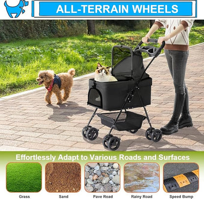 3-in-1 Pet Stroller for Small Dogs and Cats, Folding Lightweight Dog Stroller with Detachable Carrier Portable Cat Puppy Jogging Stroller with Cup Holder and Storage Basket, 4 Wheels