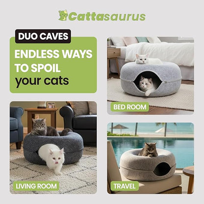 Cattasaurus Peekaboo Cat Cave Donut for Multiple & Large Cats up to 30-45 lbs, 3-in-1 Self Warming Cat Bed, Tunnel & Scratcher for Indoor Cats, Washable & Detachable (Light Gray + Dark Gray, Large)