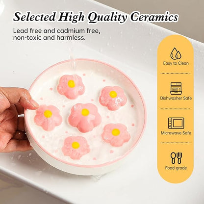 Ceramic Cat Slow Feeder Bowl - 6 OZ Puzzle Food Dish for Healthy Eating - Shallow Wide Whisker Friendly - Dishwasher Safe - 6.3 x 1.2 Inch - Blush Pink Flower