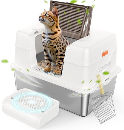 Stainless Steel Cat Litter Box with Lid,Large Enclosed High Side Metal Cat Litter Box with Pedals Suitable for Big Cats,Non-Sticky,Odor-Free,Easy to Clean ，Anti-Leakage(Silver)