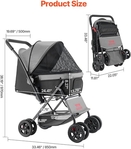VEVOR Pet Stroller, 44 lbs Weight Capacity, Foldable Dog Cart, 4 Wheels Cats Stroller with Mesh Windows & Revrsible Handle, Portable Pet Carrier with Brake, for Small to Medium Pets