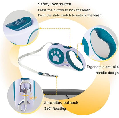 16 ft Heavy Duty Retractable Dog Leash, 360° Tangle Free Pet Walking Leash for Dogs with Anti-Slip Handle/Dispenser/Waste Bags, One-Hand Brake/Pause/Lock for Small/Medium Dog or Cat(5M, DarkGreen)
