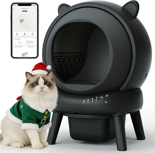 Self Cleaning Litter Box, Automatic Cat Litter Box for Multiple Cats, Auto Litter Box Robot with APP Control, Dual Safety Sensors, Odor Control&Low Noise, Cat Ears Design, Dark Grey