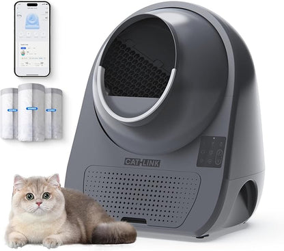 CATLINK Self Cleaning Cat Litter Box for Multiple Cats, Health Monitoring, Automatic Litter Box with APP, Odor Control, 65L Safe Pinch-Free Robot Cat Litter Box, Grey/Large (Luxury Pro-X)