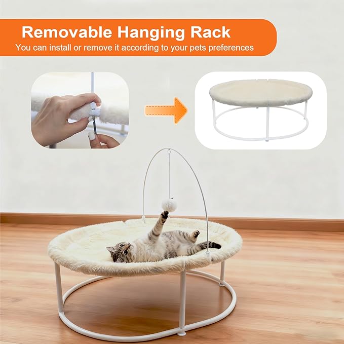 Elevated Cat Hammock Bed - 66LBS Weight Capacity Cat Bed for Large Indoor Cats & Small Dogs, All-Season Plush & Breathable Mesh Mat, Raised Pet Supplies with Sturdy Metal Frame, Cream White