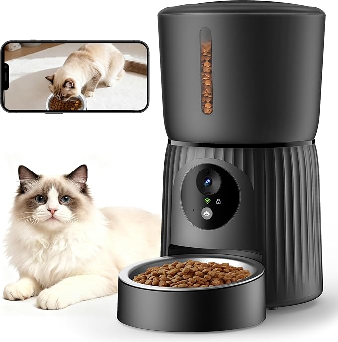 Faroro Automatic Cat Feeder with Camera, 1080P HD Video with Night Vision, 5G WiFi Automatic Dog Feeder with APP Control, 2-Way Audio, Blockage Sensor for Cats or Small Dogs, 4L (Black)