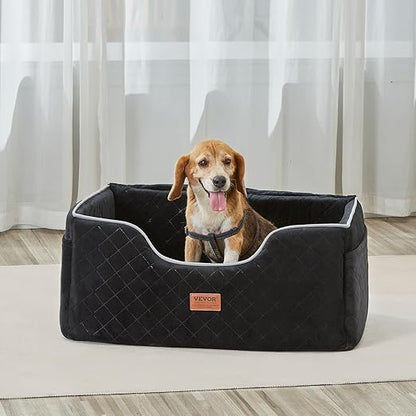VEVOR Dog Car Seat, Waterproof Dog Booster Seat for Car with Side Handles and a Storage Pocket, Clip-On Safety Leash and PP Cotton Filling, Vehicle Bed for Small Dogs up to 25lbs, Gray