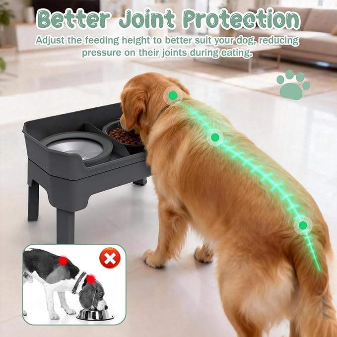 4 in 1 Adjustable Elevated Dog Bowls with 2*Stainless Steel Bowls, Anti-Spill Water Bowl, 4 Heights Raised Dog Bowl Stand for Small to Medium & Growing Large Puppies, Anti-Slip, Mess Proof Design
