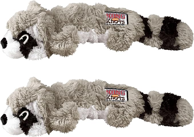 KONG Scrunch Knots 2 Pack Dog Toy – Stuffing-Free Plush with Internal Knotted Ropes & Squeaker – Durable Tug & Chew Toy (Raccoon, Medium/Large)