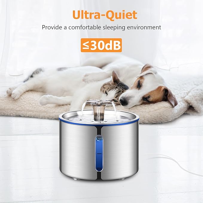 Cat Water Fountain, 84oz/2.5L Stainless Steel Pet Water Fountain for Cats, Dogs and Multiple Pets, Automatic Dog Water Dispenser with Water Level Window, Ultra-Quiet Pump