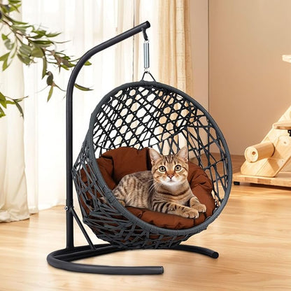 KEIKI Cat Swing Bed with Stand & Soft Cushion, Rattan Wicker Cat Egg Chair, Indoor Cat Hammock, Pet Beds for Cats or Small Dogs, Brown