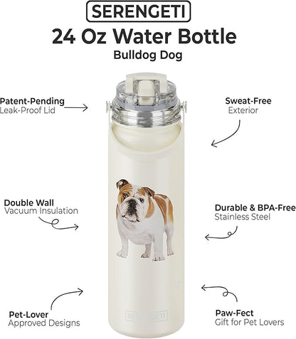 E&S Pets SERENGETI 24 Oz Water Bottle Stainless Steel with Spill Proof Lid - Double walled Vacuum Insulated water flask - Realistic 3D Print of your favorite dog (Bulldog)