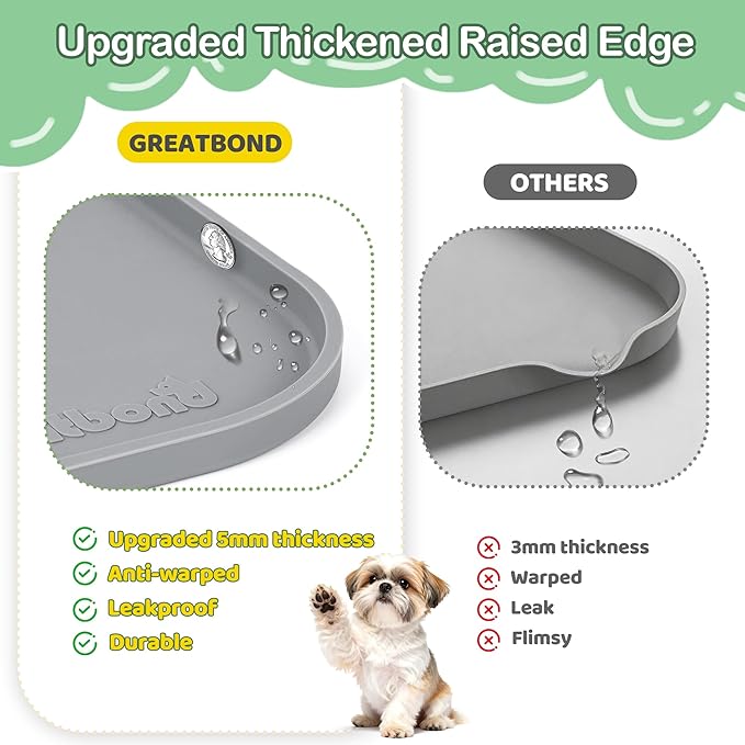 100% Waterproof Silicone Pet Feeding Mat,Warped Resistant Raised Edge BPA-Free Dog Cat Food Mats, Non-Slip Pet Placemat with High Lip to Prevent Spills, Dishwasher Safe, 21.5"x14" Grey