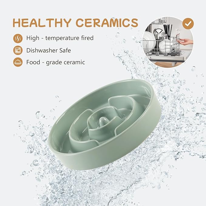 Ceramic 0.9 Cup Raised Slow Feeder Dog Bowl Set, Elevated 6.1inch Water Bowl and 6.1inch Slow Dish with Wooden Stand for Small Dogs(2 x Light Green+ Stand)