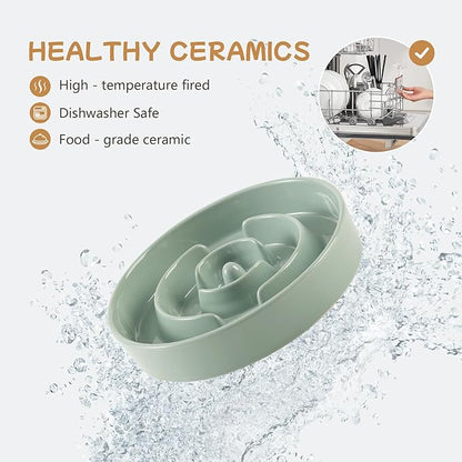Ceramic 0.9 Cup Raised Slow Feeder Dog Bowl Set, Elevated 6.1inch Water Bowl and 6.1inch Slow Dish with Wooden Stand for Small Dogs(2 x Light Green+ Stand)
