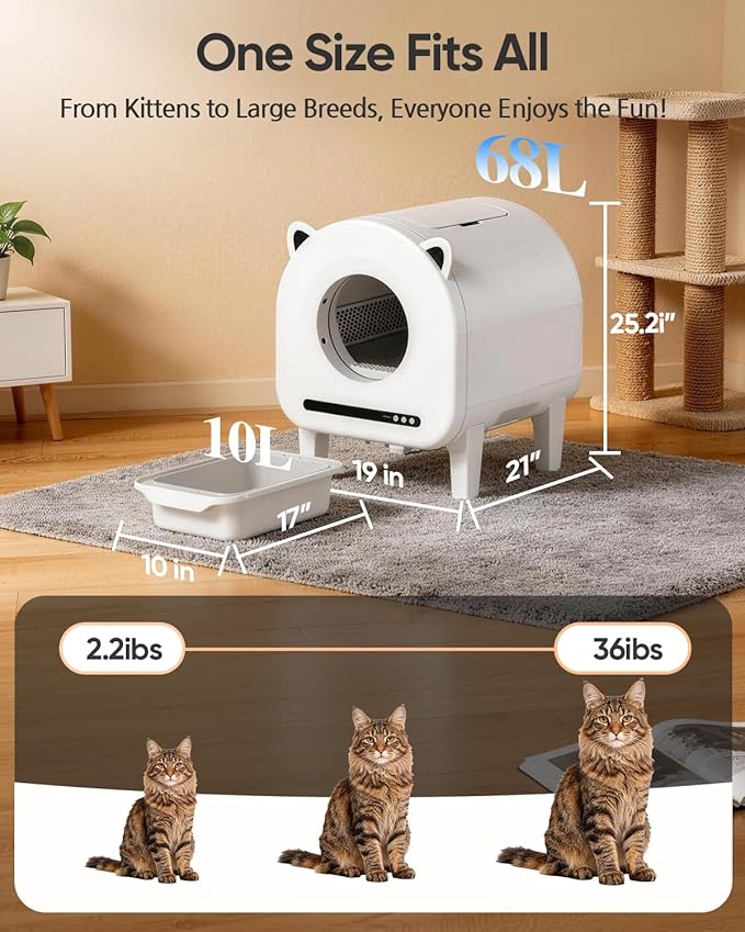 Automatic Cat Litter Box, Self Cleaning Litter Box 68L Large Capacity for Multiple Cats, App Control with Dual Safety Sensors, Anti-Pinch & Odor Control, Washable Liner & 2 Rolls Trash Bags