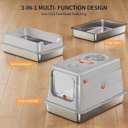 Stainless Steel Cat Litter Box with Lid, Extra Large High Sided Enclosed Metal Litter Pan, Flip Top with Portable Handle, Include Scoop & Step,Easy to Clean, Leak Proof, Dog Proof, Odor Control, Grey