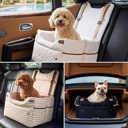 ZOMISIA Elevated Dog Car Seat for Medium Dogs, 3 Adjustable Heights with 2 Egg Crate Foam Boosters 4"+2", Dual-Sided Cooling&Plush Waterproof Cover, 2 Safety Leashes & Buckles, Beige
