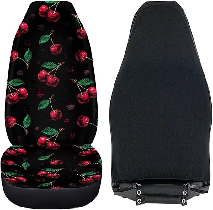 Cherry Print Car Seat Covers Full Set of 2, Cloth Seat for Auto Front Seats, Black Bucket Seat Covers for Cars Washable and Breathable Car Accessories for Sedan Truck SUV