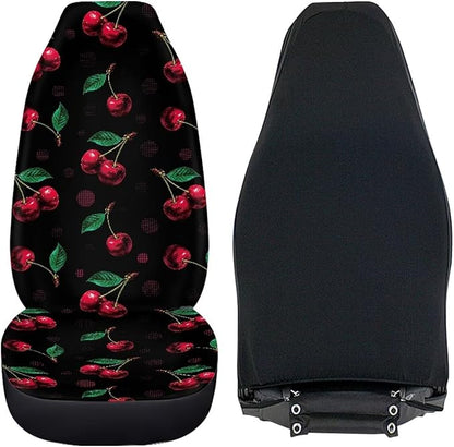 Cherry Print Car Seat Covers Full Set of 2, Cloth Seat for Auto Front Seats, Black Bucket Seat Covers for Cars Washable and Breathable Car Accessories for Sedan Truck SUV