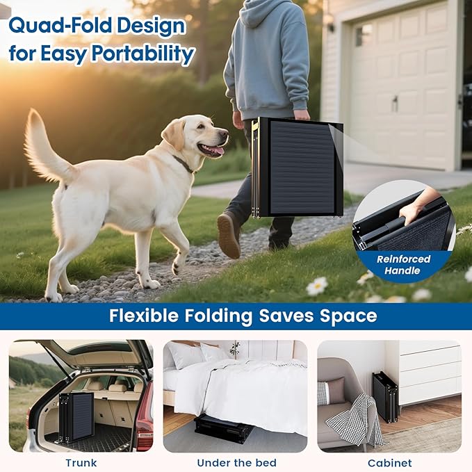 HBTower 63" Long & 17.3" Wide Folding Dog Ramp for Car, SUV & Truck – Portable Pet Ramp with Non-Slip Surface, Extra Wide Steps for Large Dogs Up to 250LBS